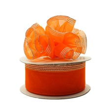 1.5 Inch Orange Organza Pull Bow Ribbon With 4 Rows of Silver Stripe Accents, 25 Yards (Lot of 1 Spool) SALE ITEM